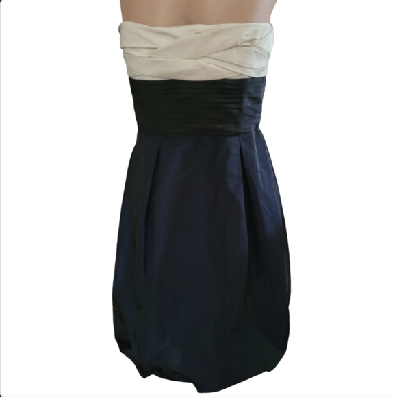 BCBGMaxAzria Colorblock Blue Black Cream Strapless Puff Mini Dress Size 6 - Picture 2 of 11